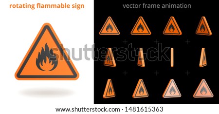 Rotating flammable sign. Vector sequence of frames for GIF, flash, web animation. Looped motion. 12 frames per second. Sprite sheet. 3D animated icon of fire danger. Set of orange triangular stickers