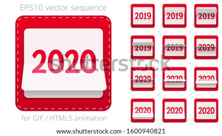 Animated date flipper for announcing New Year's events. Vector flip calendar from 2019 to 2020. Red 3D icon of counter. Sequence for GIF, HTML, flash animation. Sprite sheet, 12 frames per second rate