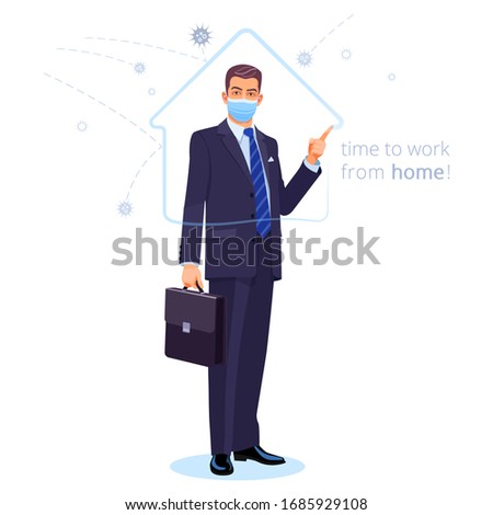Standing businessman in a surgical face mask gives an advice: time to work from home! Confident man draws an abstract shape of house. Spiky balls of COVID coronavirus bounce off the protective frame.