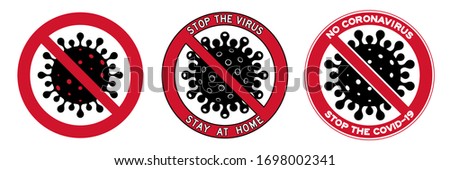 Vector set of No Symbols against coronavirus pandemic. Standard red circle with diagonal slash enclosing a pictogram of COVID-19 virus. Different designs for alert or awareness stickers, badges, signs