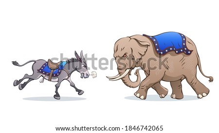 Saddled donkey and an elephant attack each other furiously. Vector political caricature. Aggressive debate between Democrats and Republicans during the US election campaign. Clash of drawn mascots.