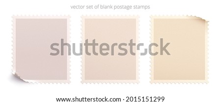 Blank postage stamps. Vector set of postmarks. Perforated edges. Textured paper surface. Different shapes with a folded corners. Realistic clipart in the vintage style.
