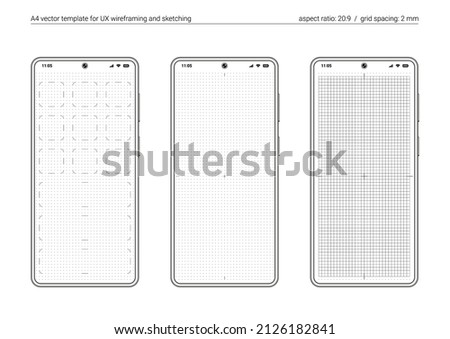 A4 printable template for UX wireframing of mobile apps. Black outline frames of generic smartphone. 20:9 aspect ratio. Paper mockup with 2 mm grid spacing. Vector layout for drawing of UI prototypes