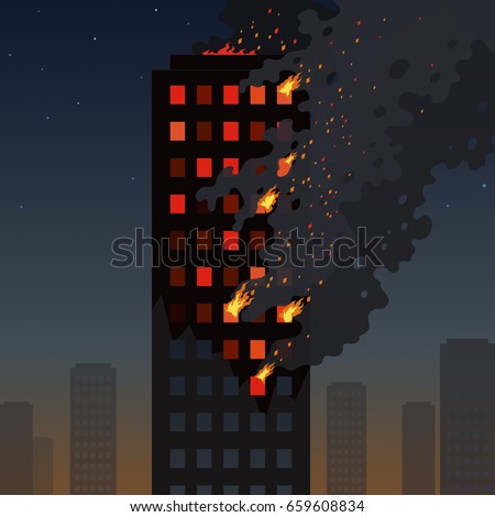 Fire of the skyscraper on a night cityscape. Flat burning tower of an apartment building. Orange flames in the windows and thick smoke with sparks. Useful for alarm visualization of a breaking news.