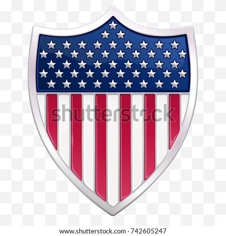 Metallic USA pennant in the form of heraldic shield. Realistic badge with stars and stripes. Fine original icon of the vertical American flag with a shiny varnished details on the checkered backdrop.
