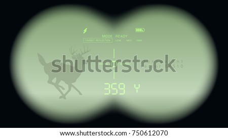 Modern hunting. Realistic view through binoculars. Vector silhouette of running deer in the green screen. Black blurred frame with transparent layer. Interface of laser rangefinder and LED crosshair