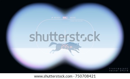 Looking through binoculars. Realistic field of view. Hunting field glasses with a laser rangefinder. Silhouette of the running wolf on the winter field. Vector template with blur and transparency