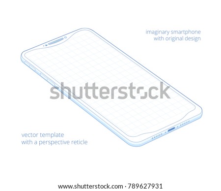 Blue biro outline of smartphone on a white background. Draft 3d blueprint of some gadget in perspective view. Original vector concept of the modern device with a grid on a blank screen