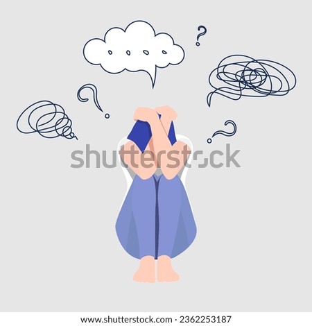 Female sitting on floor with confused thoughts. Woman suffers from depression, closes face with palms in despair, girl wants to solve complex problems. Concept of fear, shame, social phobia. EPS10