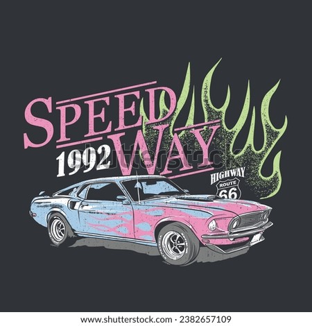 speed way racing mustang american car vintage route 66 design