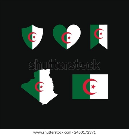 Algerian Flag vector set. Simple flag shape illustration, Algerian Map, Ribbon shape,  Linear Design,  editable elements, can be used in  logo design, greeting Card, poster and banner.