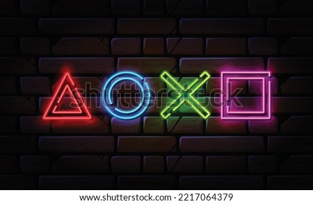 Game Console Joystick Glowing Neon Buttons Signs. Bright Signboard. Light Banner. Easy to Edit. Vector Illustration