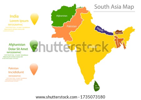Map of South Asia with geographic boundaries of countries. Southern region of Asian continent and its territorial division. Modern infographic design template. Vector illustration for touristic guide.