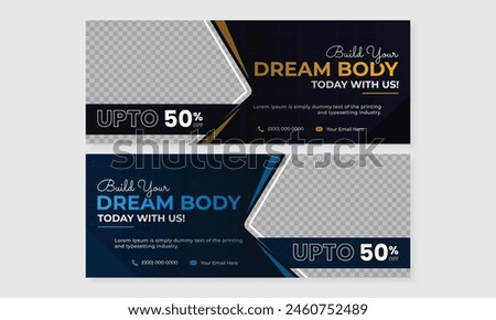 Modern fitness gym training facebook cover web banner design template for social media online workout ads growth marketing promotion bundle set, fully editable layered vector with place for photos