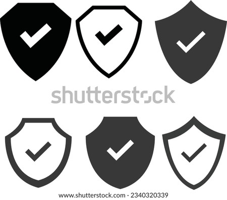 Safe protection logo - shield and black check mark or tick symbol. Defense, security and safety vector icon.