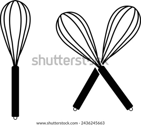 Balloon whisk set for mixing and whisking flat vector icon, Black vector whisk icon, Minimalist whisk for mixing and whisking solid vector design. Kitchen concept symbol. Egg whisk clipart.