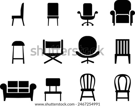 Chair icon set in flat style. Chair and Seating icons silhouettes vector design template. modern soft fabric office arm chairs, isolated on transparent background, Piece of furniture for living room,