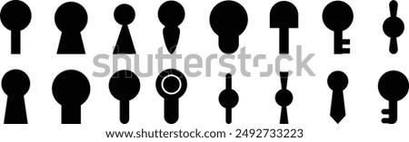 Keyhole icon set. premium door key hole. Shape of lock of door. Pictogram Logo design template for home and entrance. Mysterious silhouette door lock. Vector icons, isolated on transparent background,