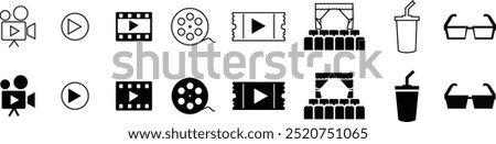 Entertainment and performance vector icon set. Theater and cinema symbol Movie industry objects. Big movie reel. Open clapper board. isolated on transparent background, used for mobile app, web or ui.