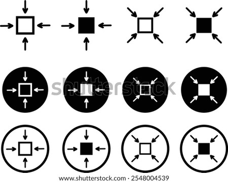 minimize icon set rally compact size small scale arrows icons . shrink icon resize in arrows vector graphic design elements, isolated on transparent background, used for mobile app, web page or ui.