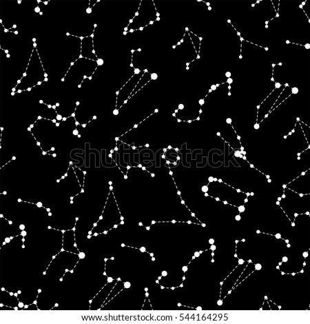 Vector. Seamless pattern for decoration, design. Astronomy different constellations  on a black background. Zodiac sign of the bright stars. Glowing lines and points. Star chart, map. Deep space.
