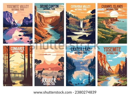 National Parks Illustration Art. Crater Lake, Yosemite, Kruger, Congaree, Cuyahoga Valley, Grand Canyon, Yosemite Valley, Channel Islands, National Parks