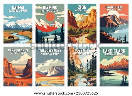 Set of National Parks Illustration Art. Katmai, Crater Lake, Yosemite, Zion, Yellowstone, Zion, Olympic, Lake Clark.