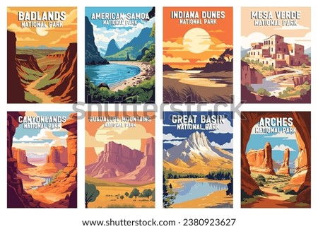 Set of National Parks Illustration Art. Badlands, Arches, American Samoa, Indiana Dunes, Canyonlands, Guadalupe Mountains, Mesa Verde, Great Basin.