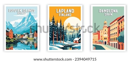 Lofoten Islands, Pamplona, Lapland Illustration Art. Travel Poster Wall Art. Minimalist Vector art.