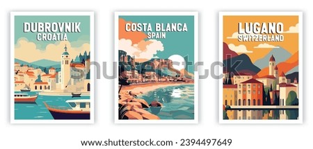 Lugano, Costa Blanca, Dubrovnik Illustration Art. Travel Poster Wall Art. Minimalist Vector art.