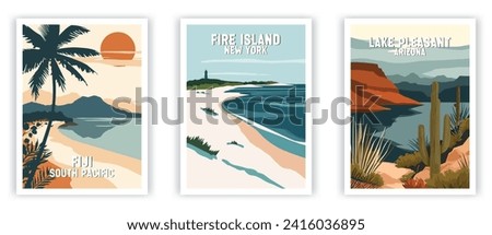 Lake Pleasant, Fire Island, Fiji Illustration Art. Travel Poster Wall Art. Minimalist Vector art