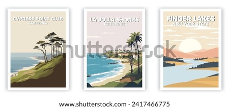 La Jolla Shores, Cypress Point Club, Finger Lakes Illustration Art. Travel Poster Wall Art. Minimalist Vector art