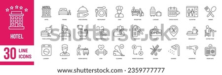Hotel editable stroke outline icons set. Booking, reservation, room, airport, accommodation, travel, plane, payment, hospitality and food. Vector illustration.