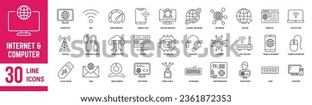 Internet and Computer editable stroke outline icons set. Computer, internet, network, wifi, web hosting, website, server, software, hardware and processer. Vector illustration