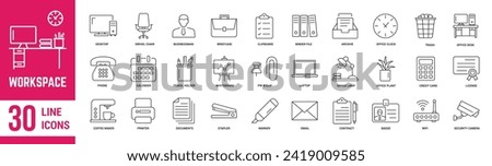 Office Workspace thin line Icons set. Workspace, computer, desk, employee, briefcase, clock and chair. Vector Illustration.