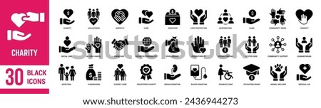 Charity solid black icons set. Charity, volunteers, empathy, donation, care, cooperation, honesty, social care, help, friendship and fundraising. Vector illustration