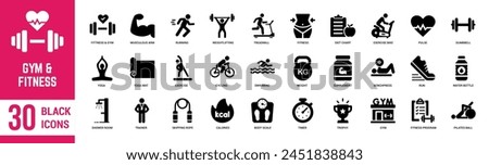 Gym and Fitness solid icon set. Fitness, sport, exercise, gym, diet, dumbbell, protein, calories, yoga, cardio and weightlift. Vector illustration