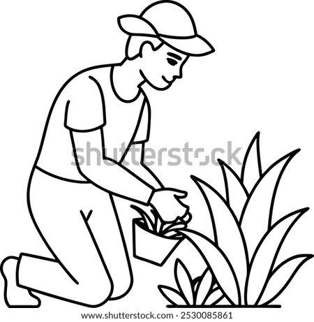 Continuous line drawing gardener works in garden. Worker using scissors cuts green tree, takes care of plants agricultural. Spring gardening outline. Man planting. One line art design vector.