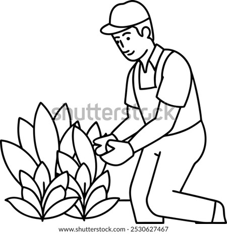 Continuous line drawing gardener works in garden. Worker using scissors cuts green tree, takes care of plants agricultural. Spring gardening outline. Man planting. One line art design vector.