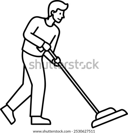 Man vacuuming outline from behavior collection. Thin linear man vacuum, man, vacuum outline icon isolated on white background. Line art vector man vacuum sign, symbol for web and mobile.