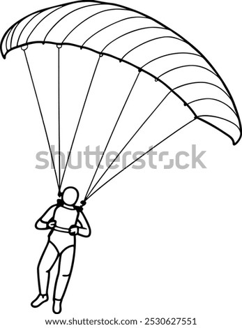 Paragliding man line drawing vector. Paraglide wing and harness for sky flights. Skydiving extreme sport. Monochrome hand drawn vector illustration isolated. Parachuting outline design. 