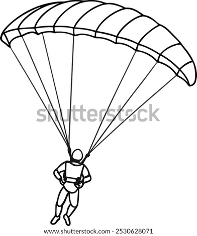 Paragliding man line drawing vector. Paraglide wing and harness for sky flights. Skydiving extreme sport. Monochrome hand drawn vector illustration isolated. Parachuting outline design. 