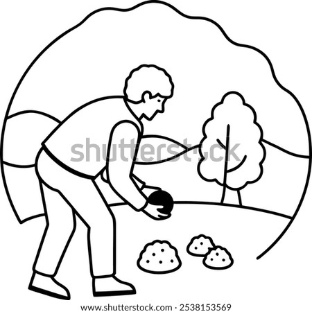 A man tuffle hunting line art and outline vector design. Cartoon isolated Lagotto Romagnolo dog hunting for truffle tubers, packaging with organic aroma product for cooking, fungi cut in half.