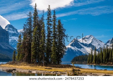 Similar – Image, Stock Photo Spirit Island in Maligne Lake, Jasper National Park, Alberta, Canada, in cloudy weather.