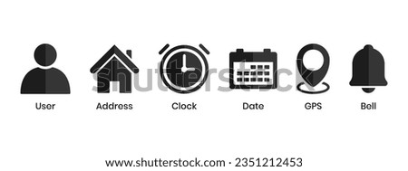 Clock Time Icon, Home Address Button, Pin Location Place, Bell Notification Reminder Icon, Date Calendar Symbol, Profile, Business Icon Set, User Interface, Official Hours, Deadline Design Elements