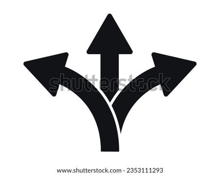 Three Way Direction Arrow Icons, Triple Directional Road Icon Sign, Traffic Sign, Three Way Decision Opportunity Option Arrow Symbol 3 Path Pointing Choice, Y Intersection Sign Vector Illustration