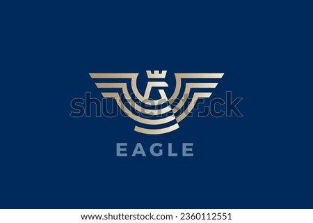 Eagle Logo Wings Geometric Heraldic Luxury Design Vector template. Falcon Hawk with Crown Linear Outline Golden Logotype icon.