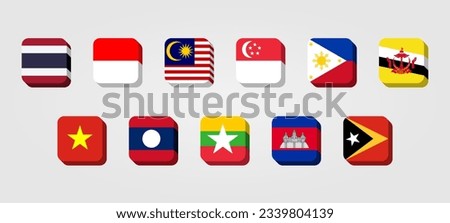 ASEAN Southeast Asia Nation Flag  3D Box Rounded Square Style State Country Thailand, Indonesia, Malaysia, Singapore, Philippines, Brunei Darussalam, Vietnam, Laos, Myanmar, Cambodia, Timor Leste