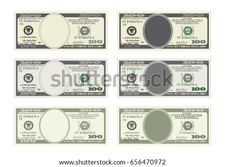Design template 100 Dollars Banknote. Bill one hundred dollars in six options. Suitable for discount cards, leaflet, coupon, flyer, vouchers. Vector in  flat style. USD isolated on white background.