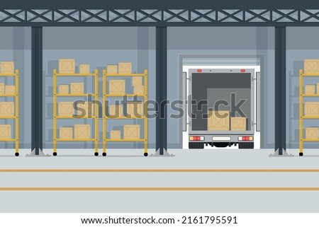 a large warehouse with goods for the delivery of boxes of parcels of goods on the shelves